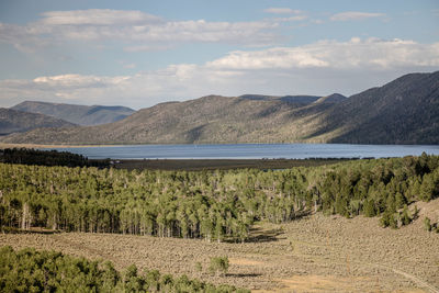 Scenic view of land and mountains against sky