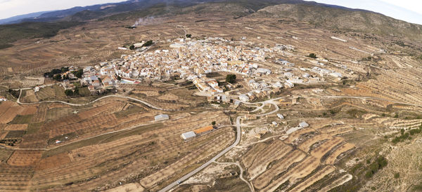 Panoramic aerial view of the small village of alcublas, in valencia, spain