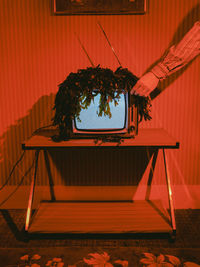 Red table and chairs against orange wall at home