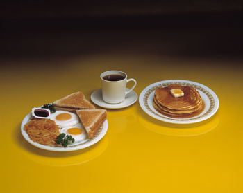 High angle view of breakfast served on table