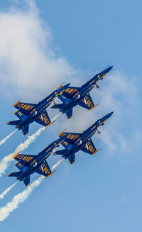 Low angle view of airplane flying against sky