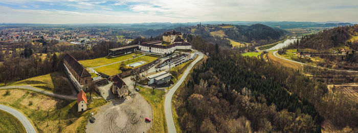 Seggau palace castle and hotel. aerial view from far above travel destination near leibnitz