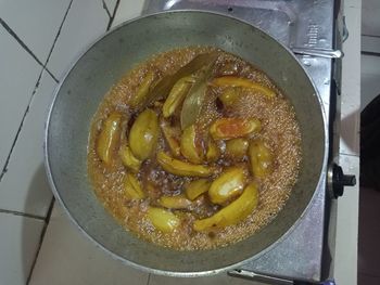 High angle view of soup in cooking pan