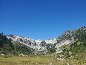 Scenic view of mountains against clear blue sky