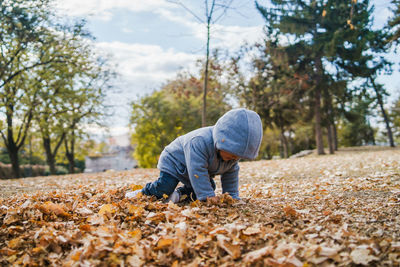 Full length of boy kneeling over autumn leaves on land