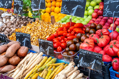 Different kinds of vegetables and some fruits for sale at a market