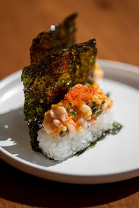 Close-up of food in plate on table