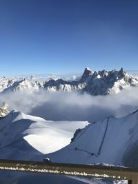 Scenic view of snowcapped mountains against clear blue sky