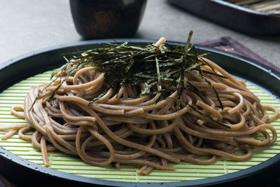 High angle view of pasta in plate on table