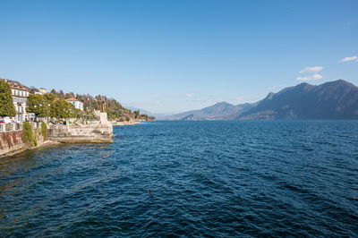 Scenic view of sea against clear blue sky