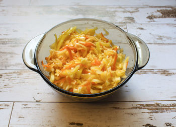 High angle view of pasta in bowl on table
