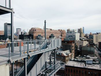 High angle view of buildings in city against sky