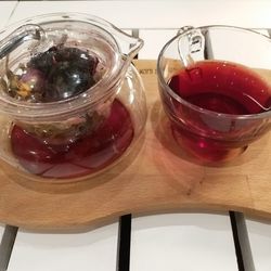 High angle view of glass jar on table