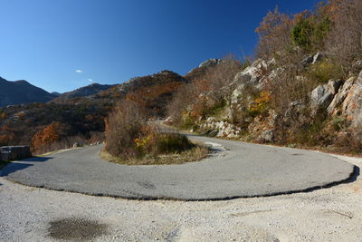 Road amidst trees against clear blue sky