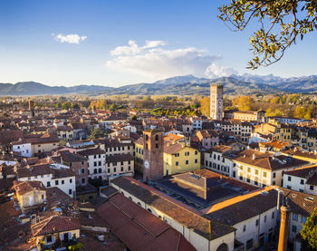 High angle view of townscape against sky