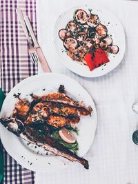 High angle view of food served on table