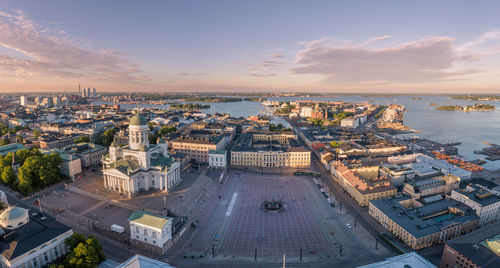 Helsinki cityscape. finland. helsinki cathedral, old town and harbor in background. sunset colors. 