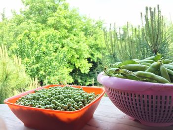 Close-up of green peas in containers on table