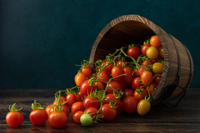 Close-up of tomatoes in basket on table