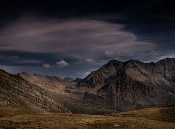 Scenic view of mountains against sky during sunset