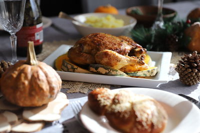 Close-up of food served on table