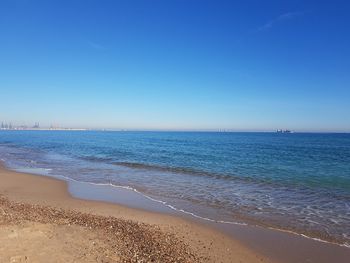 Scenic view of sea against clear blue sky