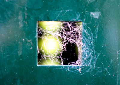 Close-up of broken glass window