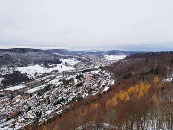 Aerial view of snow covered landscape against sky