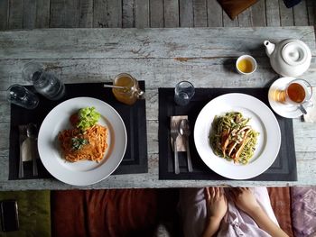 High angle view of breakfast served on table