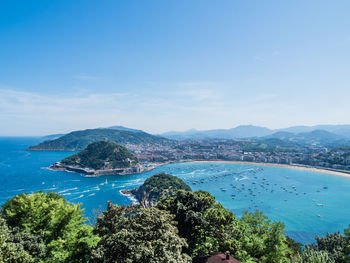 High angle view of sea and trees against sky