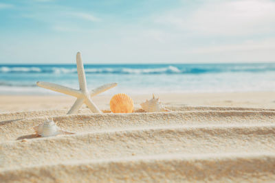 Close-up of sand on beach against sky