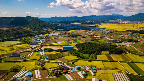 High angle view of agricultural field against sky