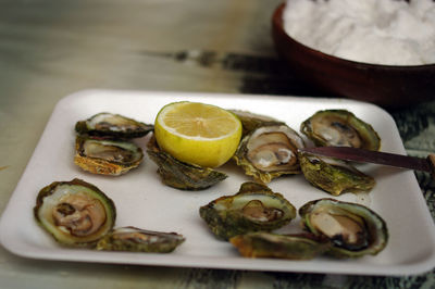 Close-up of food served on table