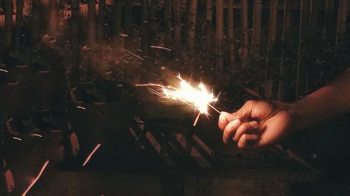 Cropped hand of person holding sparkler at night