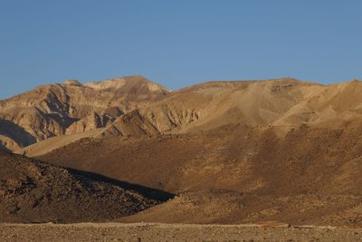 Scenic view of desert against clear blue sky