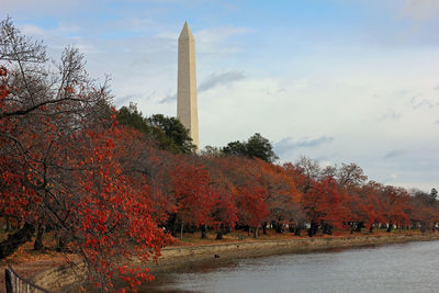 View of autumn trees by lake against sky