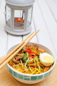 High angle view of food served in bowl