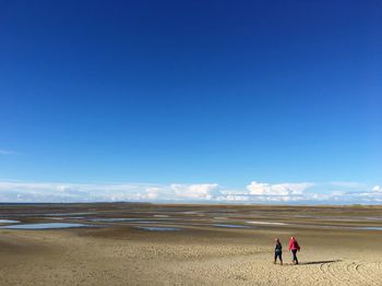 Rear view of people walking on beach against clear blue sky