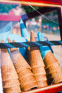 Close-up of food for sale in market ice cream cones 