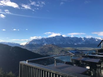 High angle view of snowcapped mountains against sky
