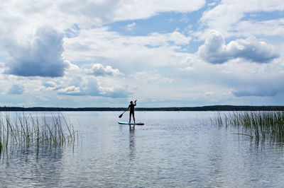 Young man from back in black thermal suit paddleboarding on blue stand up paddle board on lake 