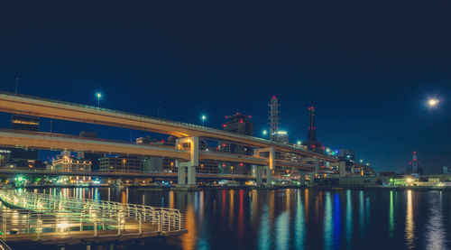 Illuminated bridge over river at night