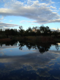 Scenic view of calm lake against cloudy sky