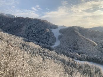 Scenic view of mountains against sky during winter