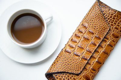 High angle view of coffee on table