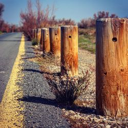 Close-up of wooden posts on field