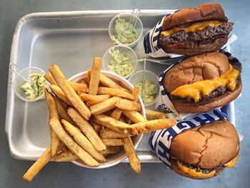 High angle view of meat on plate