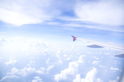 Airplane wing over cloudy sky