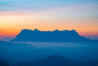 Scenic view of mountains against sky during sunset