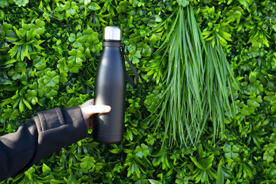 Hand picking up a black thermos on a green background.